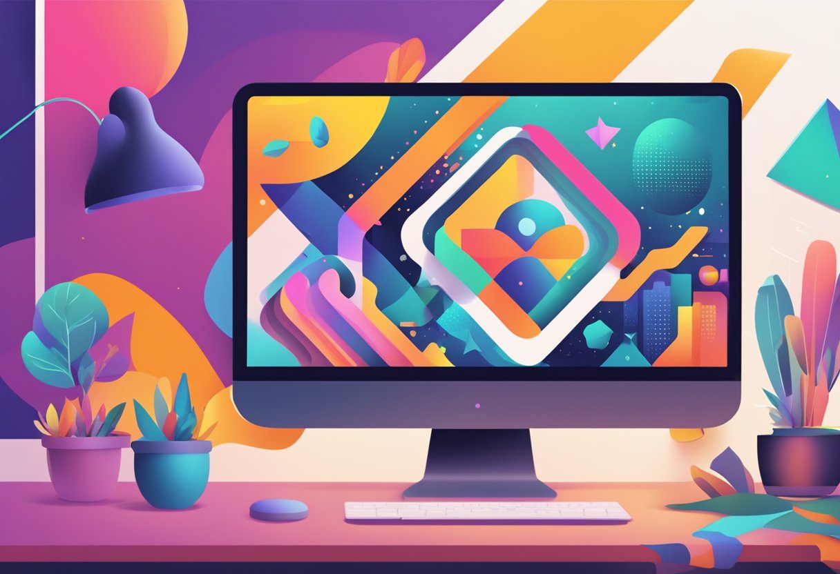 A computer screen with Canva open, vibrant colors, bold typography, and dynamic shapes creating eye-catching graphics