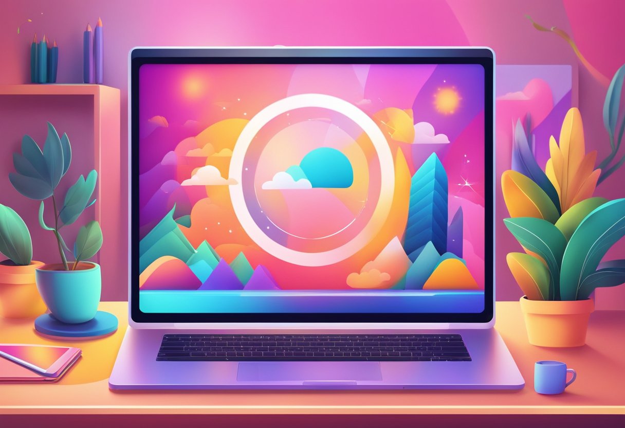 Bright laptop screen with vibrant Canva interface, surrounded by colorful graphics and design elements. Light streaming in from a window, casting a warm glow on the workspace