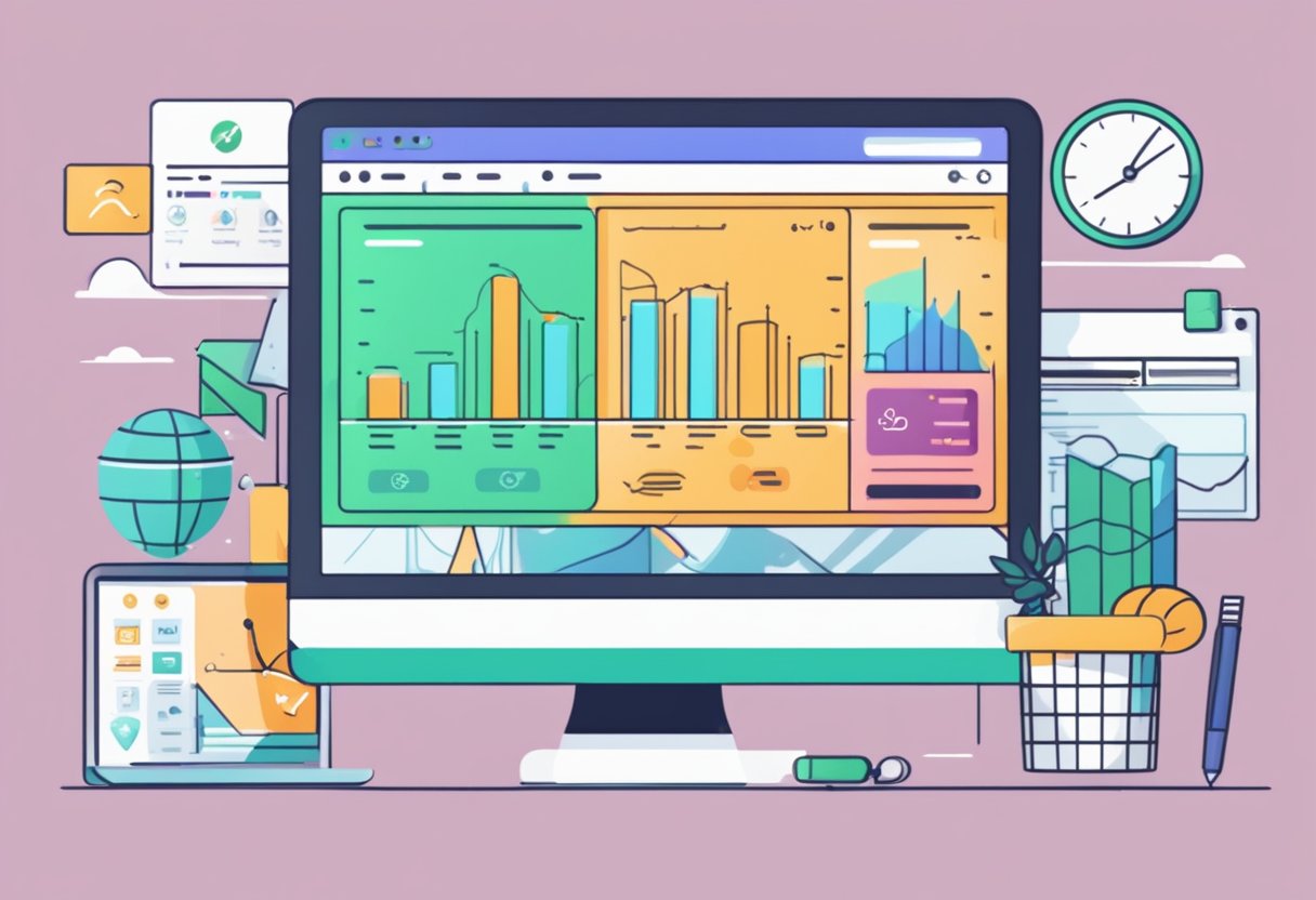 A computer screen displaying a Shopify dashboard with increasing sales graph, surrounded by marketing tools and online payment icons