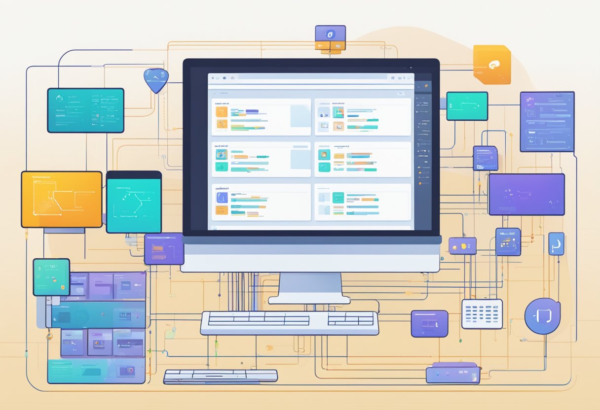 A computer screen displays various plugins and APIs connected to ChatGPT. Code snippets and data visualizations surround the interface, showcasing the integration process