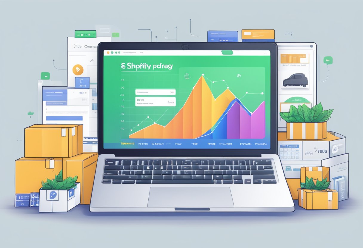 A laptop displaying a Shopify dashboard with pricing and product strategy analytics, surrounded by e-commerce packaging and shipping supplies