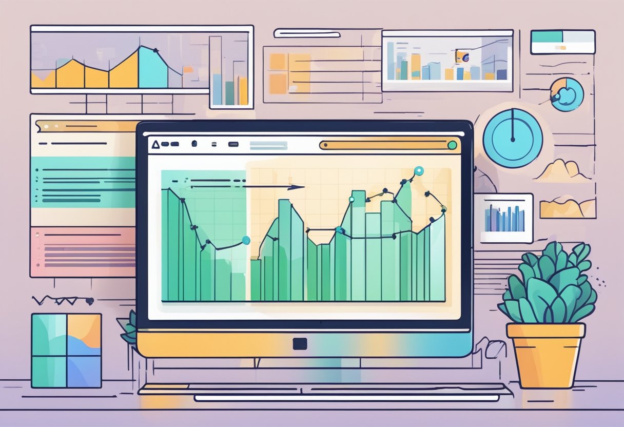 A computer screen displaying a Shopify dashboard with increasing sales graph and marketing strategies. Ads and promotions driving traffic to the online store