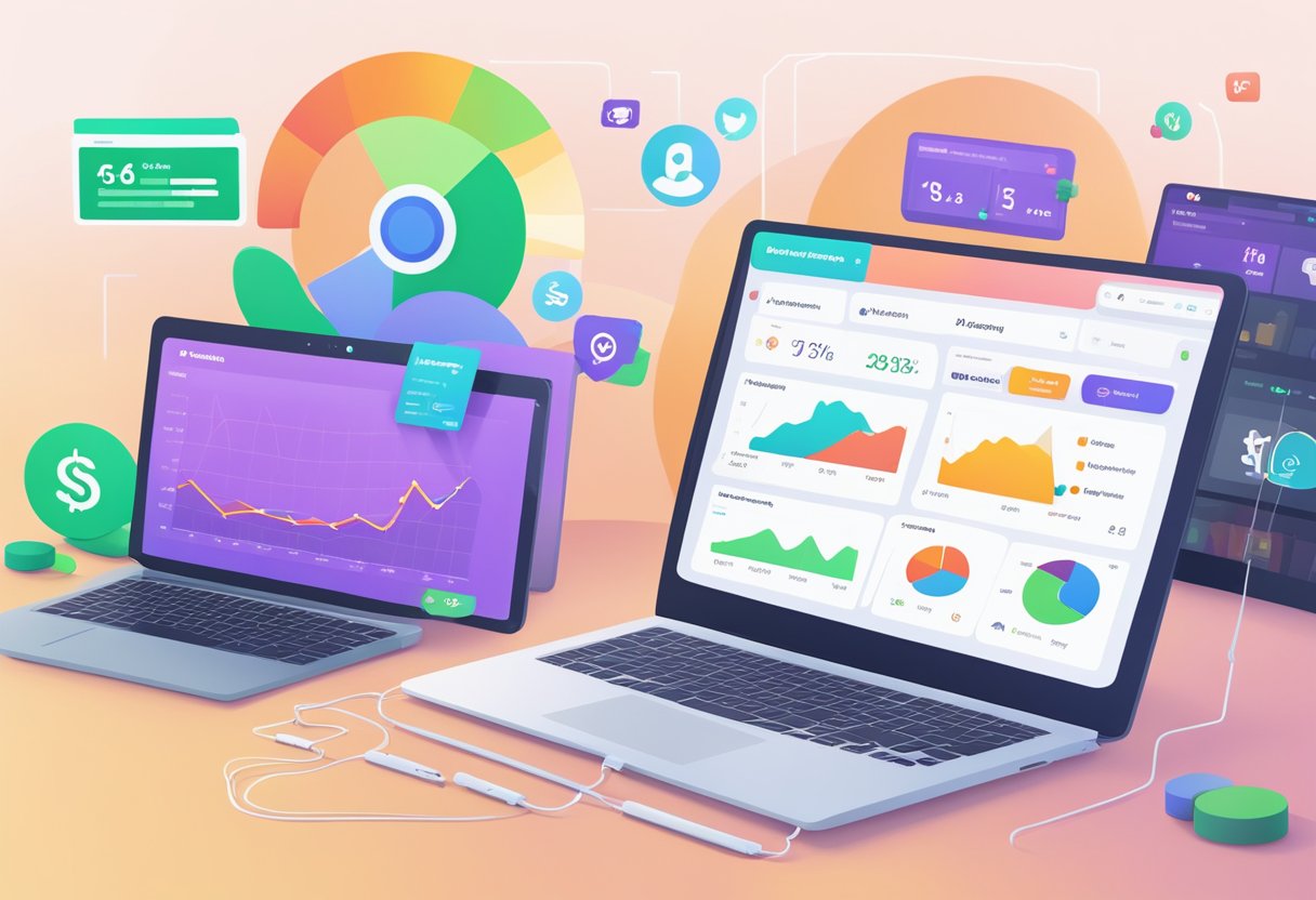 A laptop displaying a Shopify dashboard with various sales channels connected, including social media and online marketplaces. Graphs show increasing sales over time