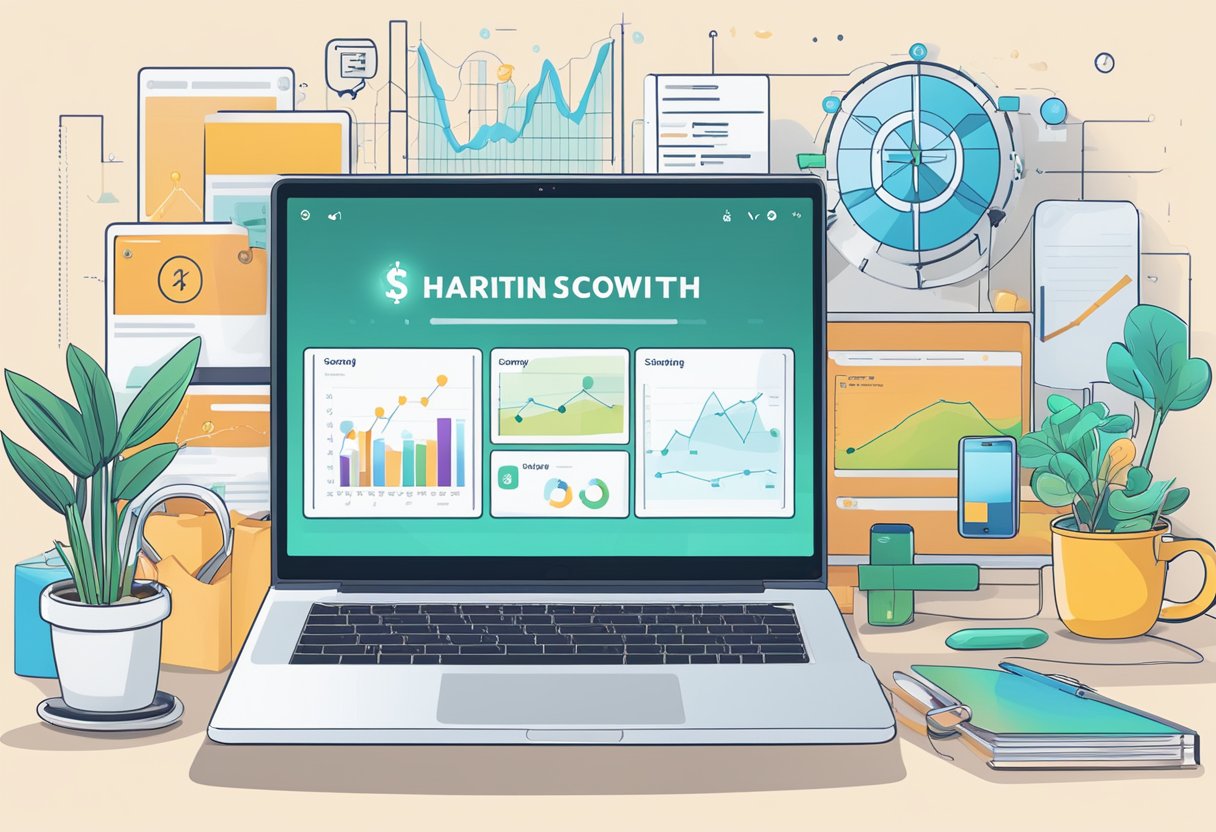 A laptop with a Shopify dashboard open, surrounded by various digital marketing tools and graphs showing sales growth