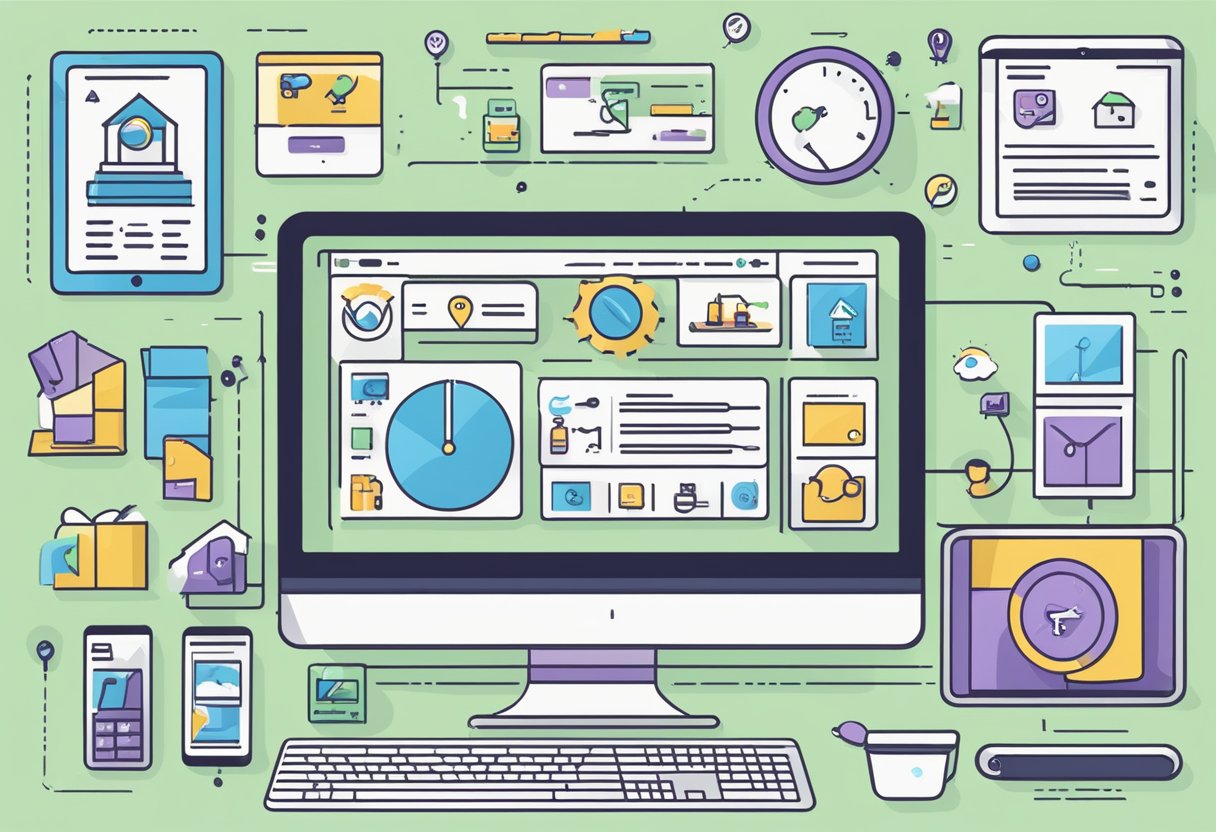 A computer screen displaying a Shopify dashboard with various promotional tools and options, surrounded by icons representing different sales channels and marketing strategies