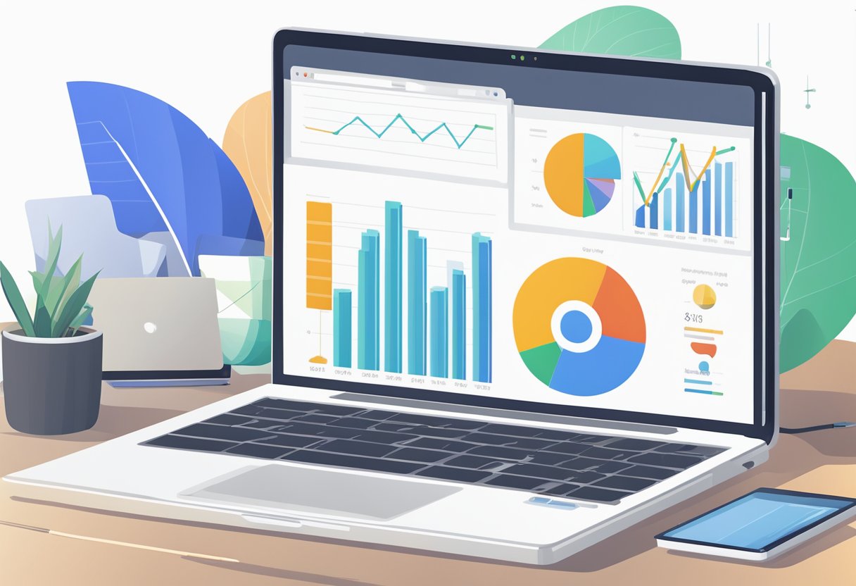 A laptop displaying Google Analytics with various data charts and graphs, alongside a notebook and pen for note-taking