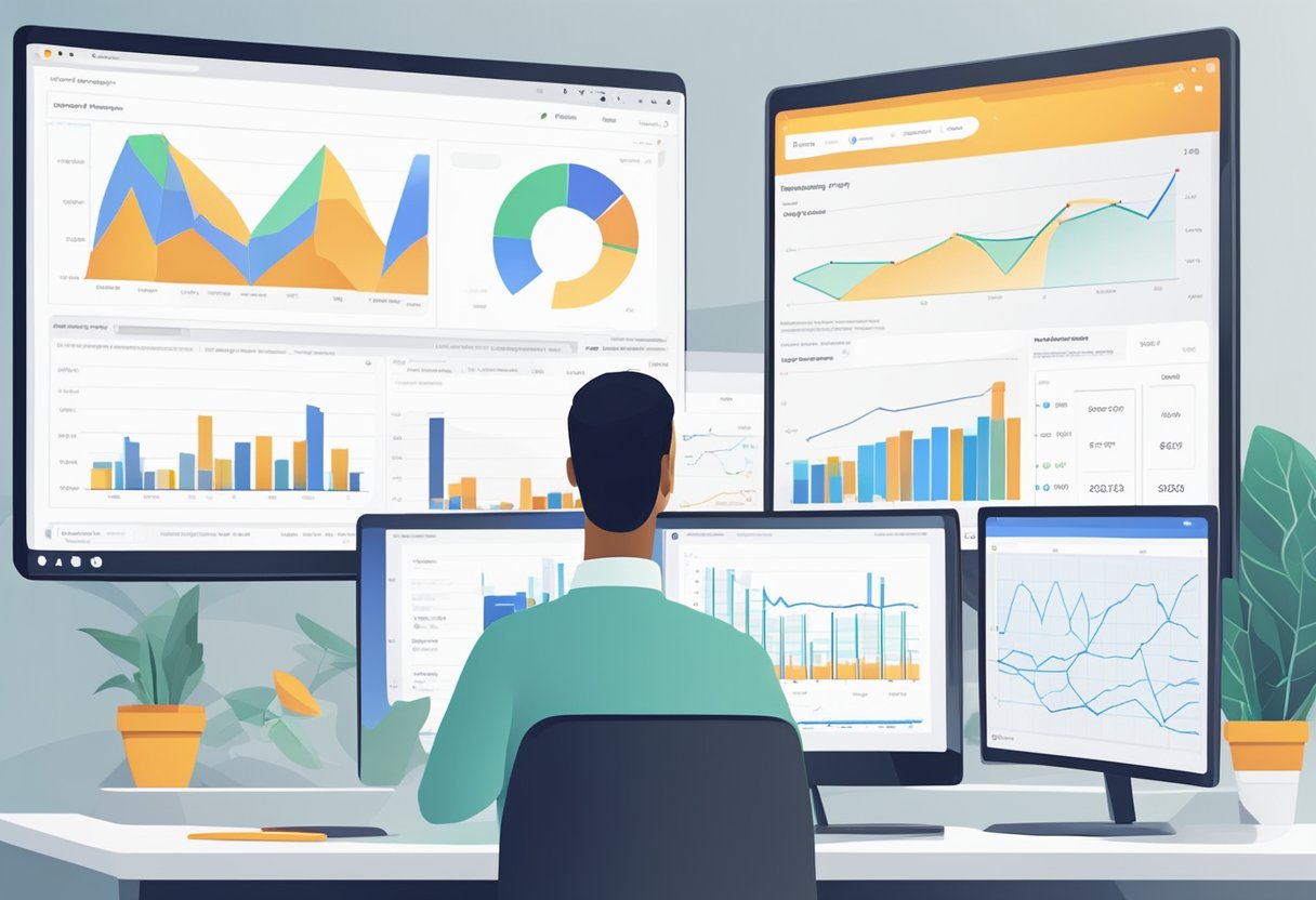 A computer screen displaying Google Analytics dashboard with various data visualizations and charts. A person analyzing the data with a focused expression