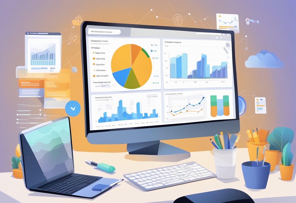 A computer screen displaying Google Analytics data with various charts and graphs, a person analyzing the data with a pen and notebook nearby