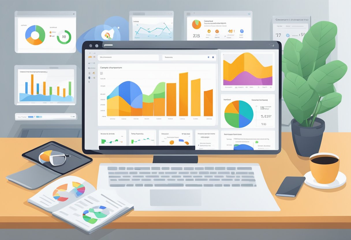 A computer screen displaying Google Analytics dashboard with various data visualizations and analysis tools