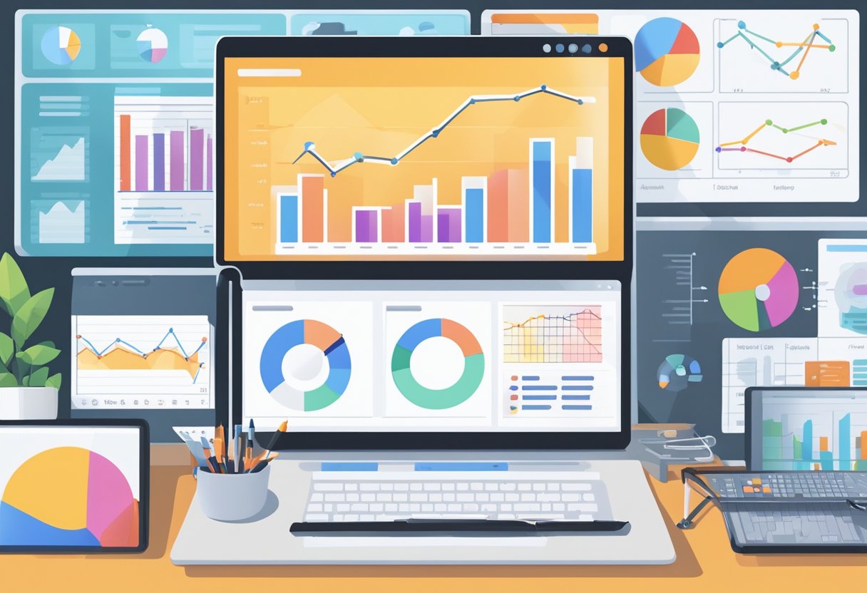 A computer screen showing Google Analytics data with charts and graphs, a person holding a pen and notebook, surrounded by various data analysis tools