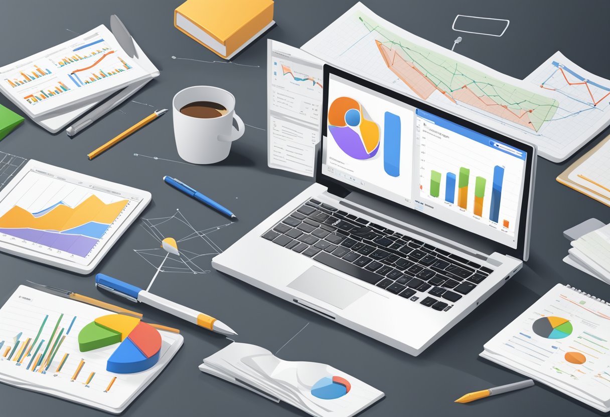 A laptop displaying Google Analytics interface with data charts and graphs, surrounded by notes and a pen for analysis