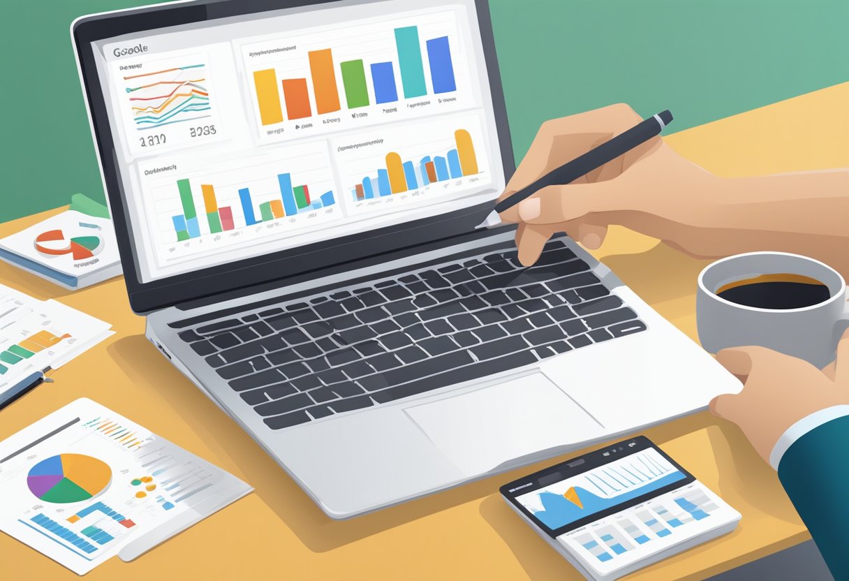 A laptop displaying Google Analytics dashboard with graphs and charts. A person taking notes and analyzing data on a desk