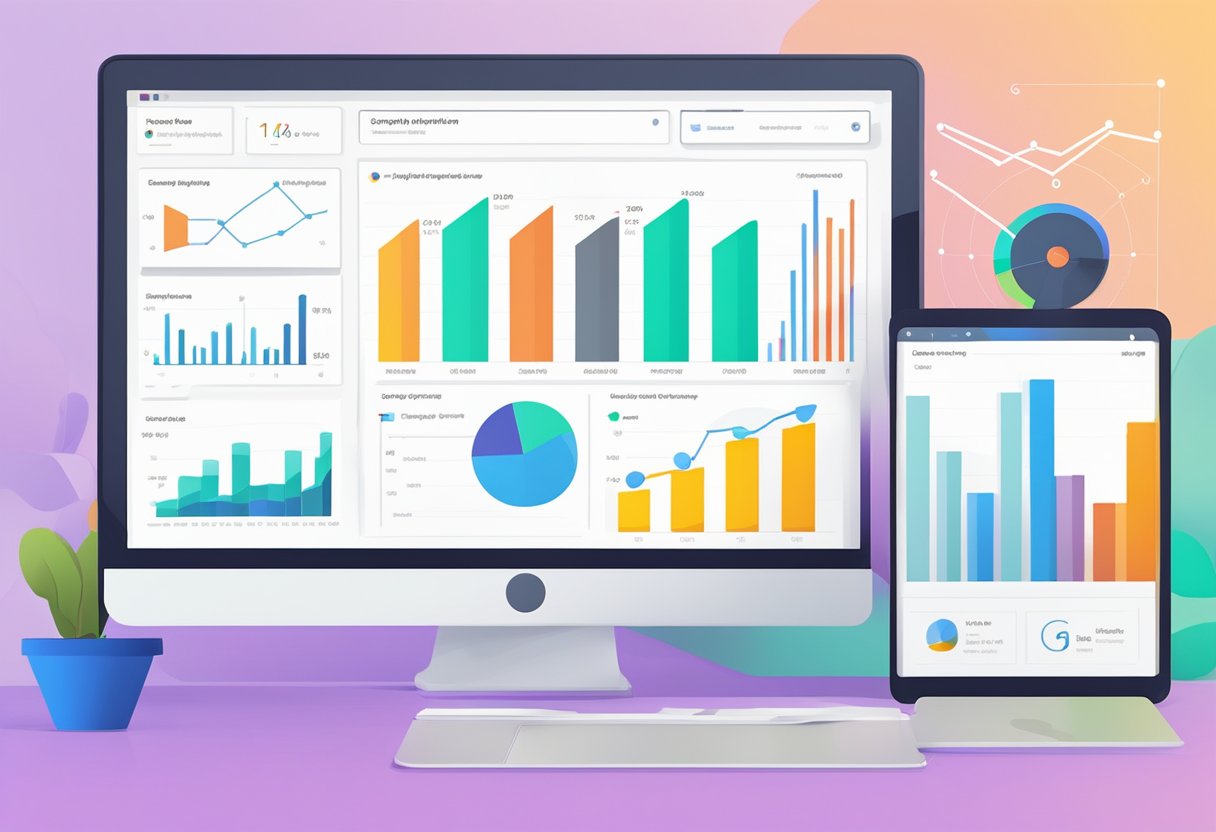 A computer screen displaying Google Analytics reports with various data visualizations and charts