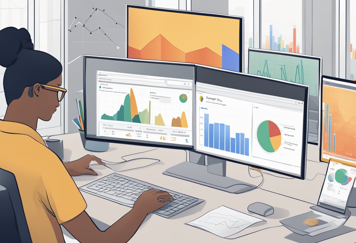 A person analyzing data on a computer screen with Google Analytics charts and graphs displayed