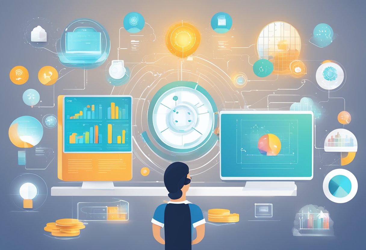 Various business scenarios: AI analyzing data, predicting trends, improving customer experience, increasing efficiency, reducing costs, and enhancing decision-making