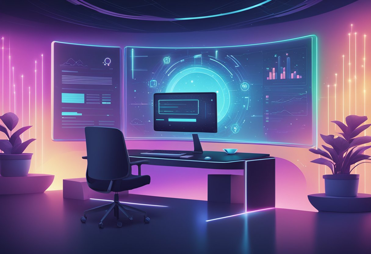 A futuristic office setting with computer screens displaying data, while a glowing AI symbol hovers in the center, representing the benefits of using Perplexity AI for business