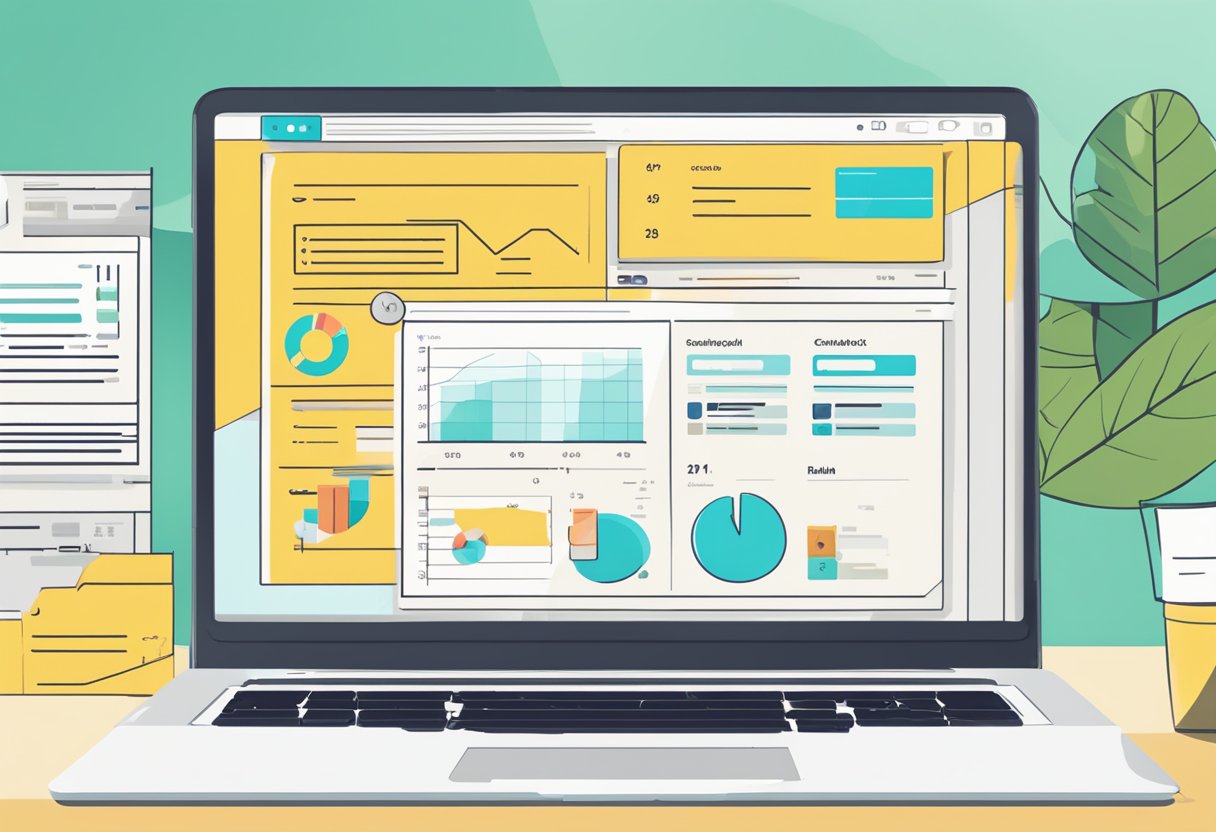 A laptop displaying Mailchimp's dashboard with a graph showing increasing email open rates, while a checklist of successful email campaign strategies is visible on the screen