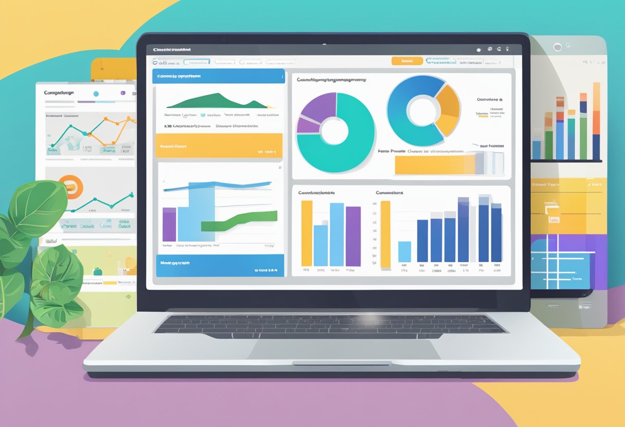 A laptop displaying a Mailchimp dashboard with various email campaign analytics. A graph showing subscriber engagement and a checklist of successful campaign strategies