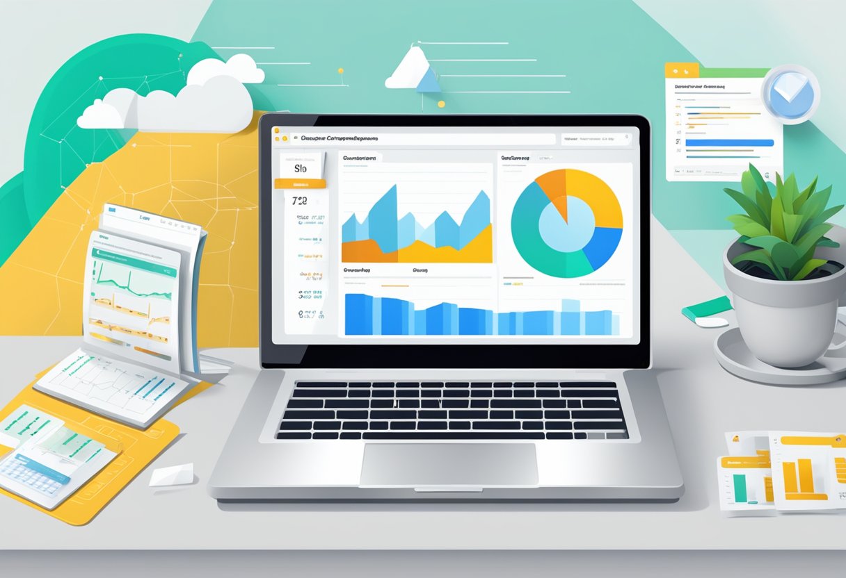 A laptop displaying a Mailchimp dashboard with a graph showing email campaign performance, surrounded by open tabs of email templates and analytics