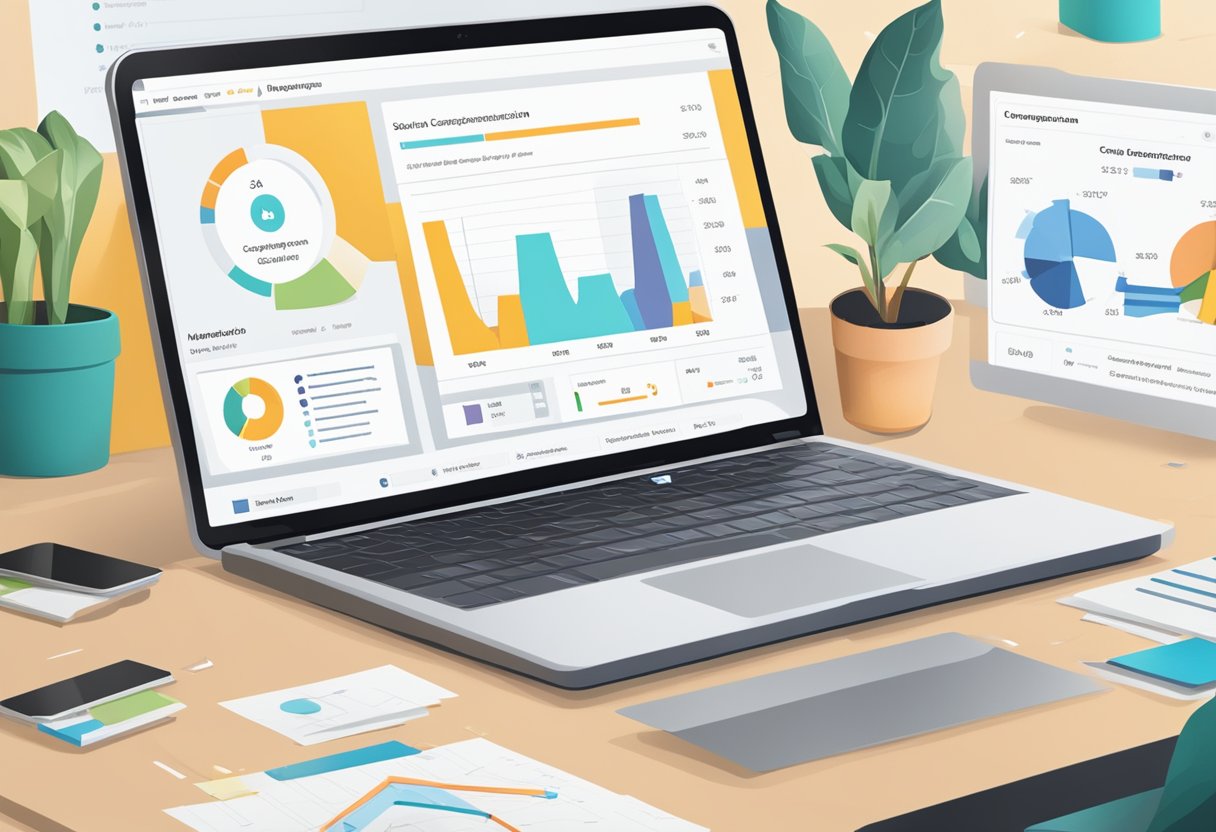 A laptop displaying Mailchimp's audience segmentation tools with email campaign data on the screen. Graphs and charts show successful campaign metrics