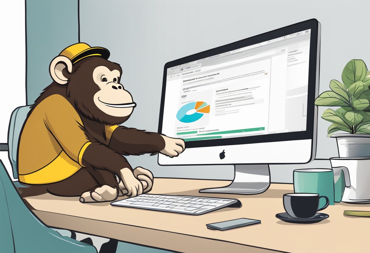 A computer screen displaying the Mailchimp dashboard with various email campaign options and analytics. A desk with a laptop, notebook, and pen nearby. A cup of coffee sits next to the computer