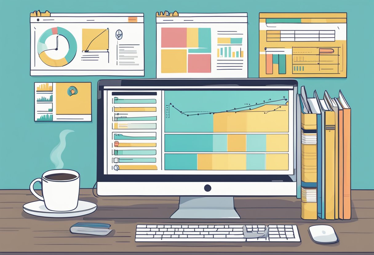 A computer screen displays Mailchimp's dashboard with a successful email campaign metrics graph, surrounded by various marketing strategy books and a cup of coffee