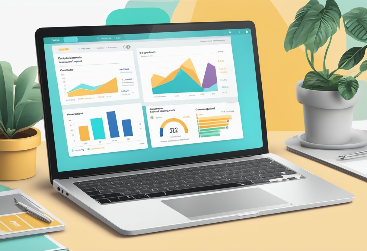 A laptop displaying Mailchimp dashboard with charts and graphs showing email campaign success and ROI