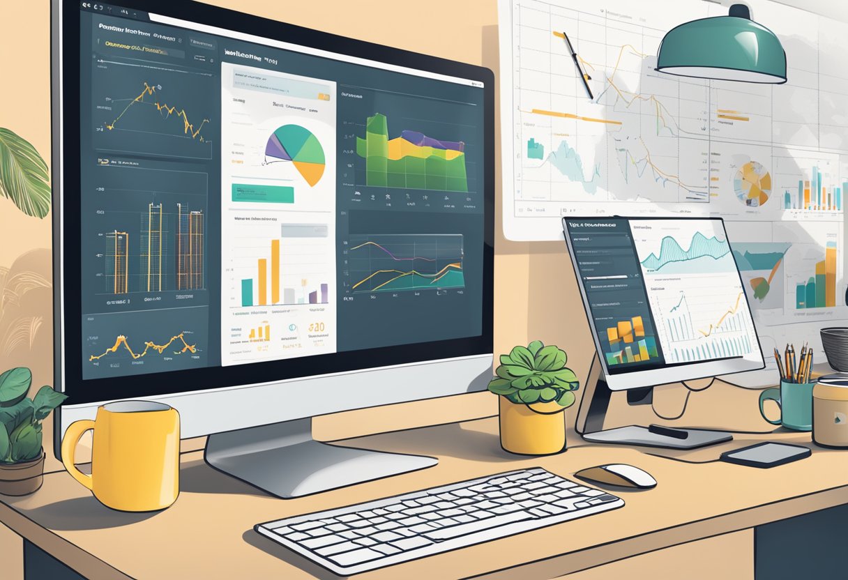 A computer screen displaying a Mailchimp dashboard with graphs and charts, a desk with a notebook and pen, and a cup of coffee