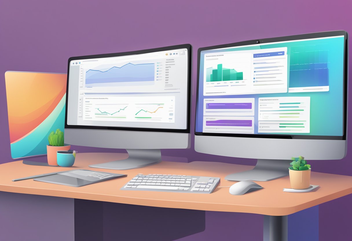 A computer screen displays the Yoast SEO dashboard with options to optimize content for search engines. A desk with a keyboard and mouse is in the background