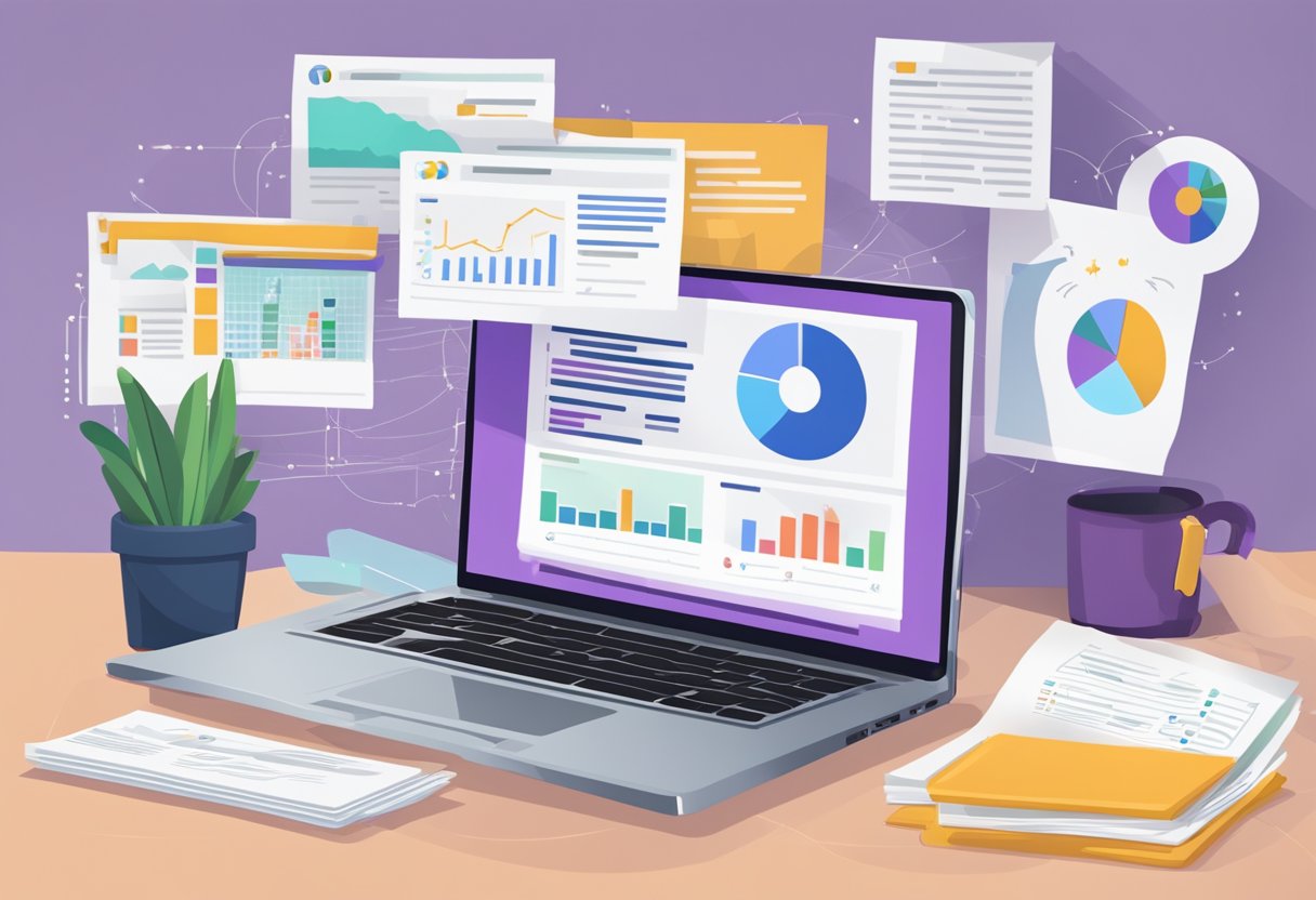 A laptop with Yoast SEO open on the screen, surrounded by keyword research notes and analysis charts