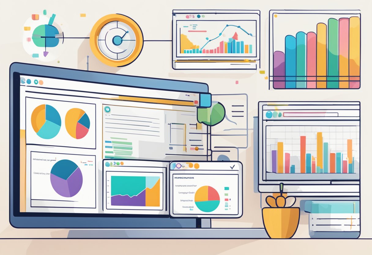 A computer screen displaying Yoast SEO plugin with various optimization options for content. Graphs and charts show SEO performance metrics