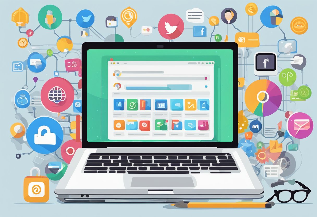 A laptop displaying Yoast SEO tools, surrounded by social media icons and search engine optimization keywords