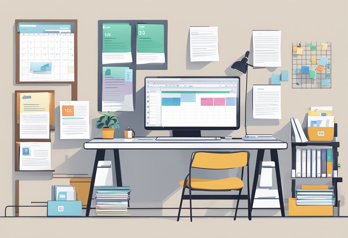 A desk with a computer displaying Asana project management tool, surrounded by organized files and a calendar