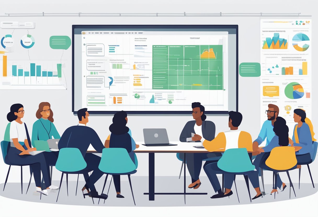 A group of diverse individuals sit around a table, each with a laptop or notebook, engaged in discussion and sharing ideas. A large whiteboard behind them displays a project timeline and task list