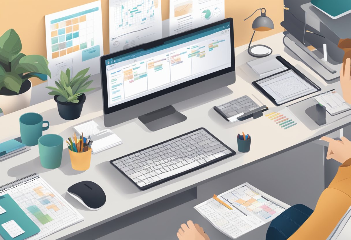 A desk with a computer showing Asana, surrounded by organized project plans, calendars, and a checklist. A person's hand may be seen clicking on the computer mouse