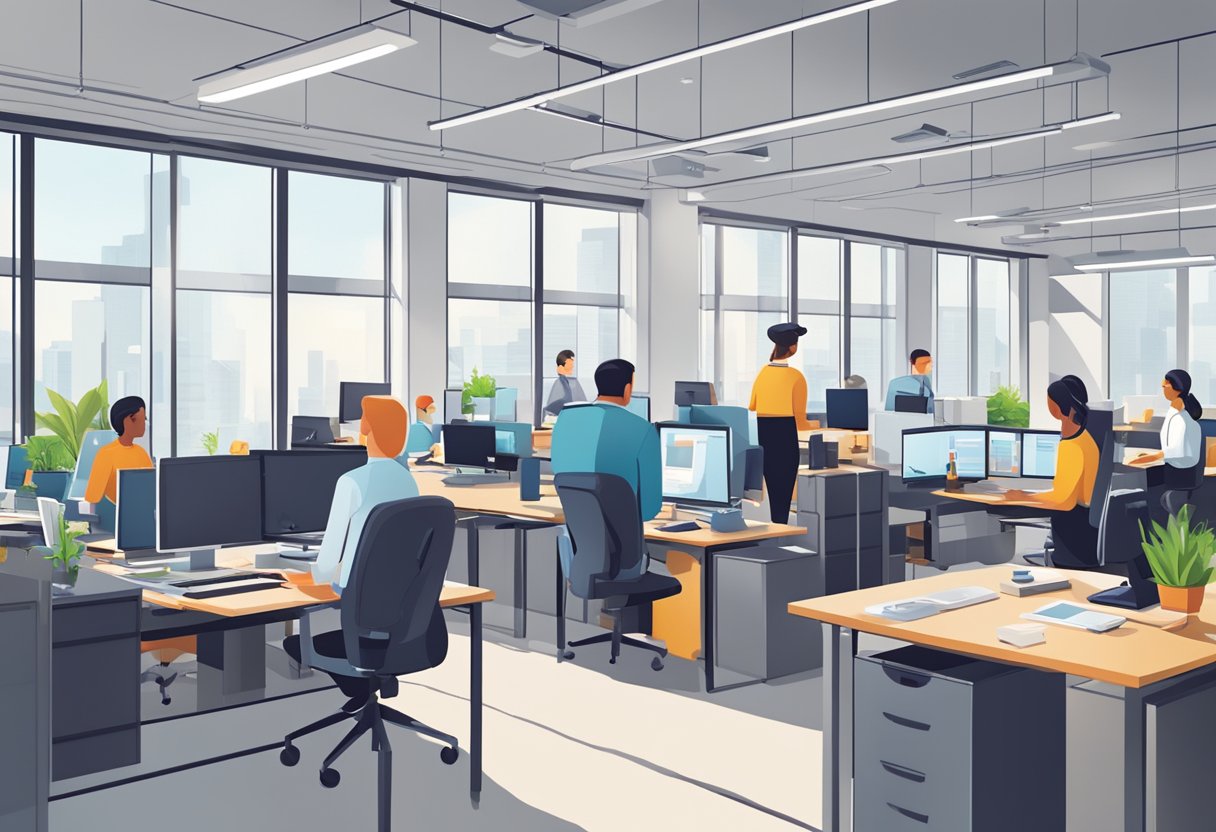 A bustling office with employees working efficiently, while Perplexity AI seamlessly streamlines processes, reduces costs, and boosts productivity