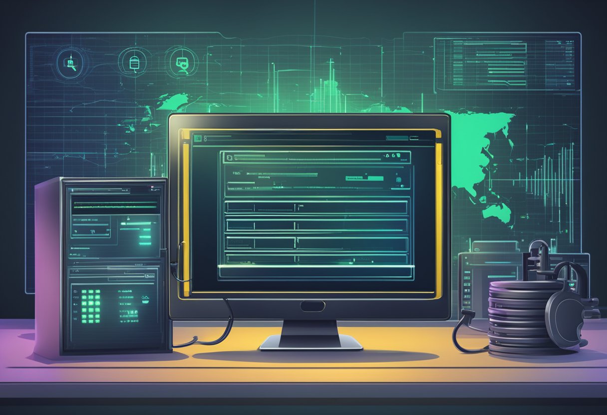 A computer screen displaying SQL commands and a locked database with a security symbol