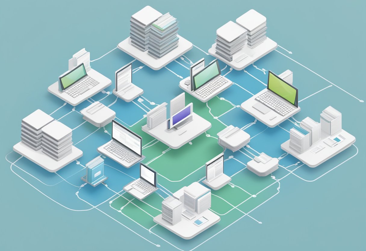 Multiple tables linked by lines, with SQL queries displayed above. Data flowing between tables, organized and managed