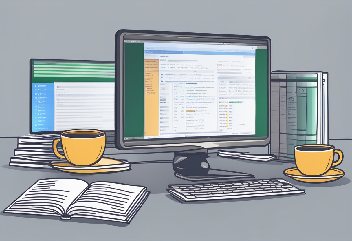 A computer screen displaying SQL code with a database schema and query results, surrounded by open textbooks and a cup of coffee