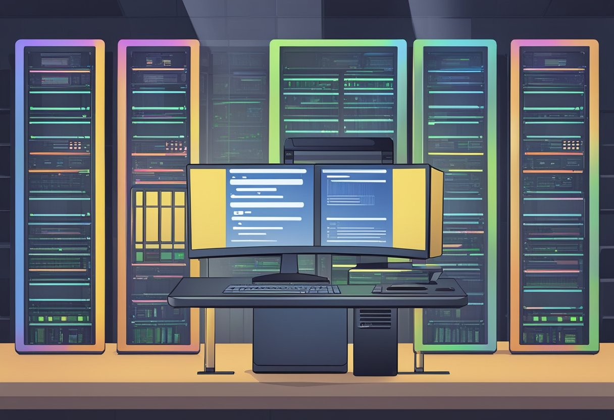 A computer screen displays a SQL interface with tables and queries. A server rack hums in the background, connected to various devices