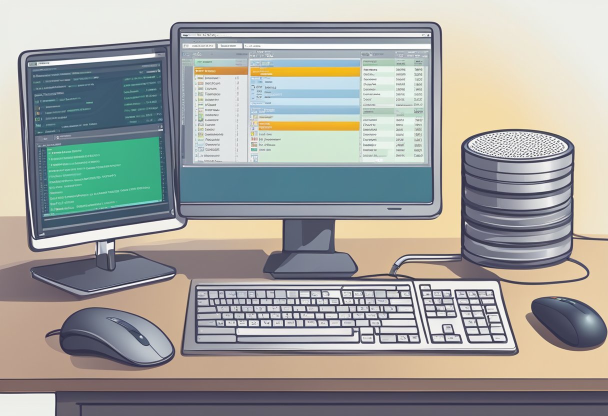 A computer screen displaying SQL commands and database tables, with a keyboard and mouse nearby for input