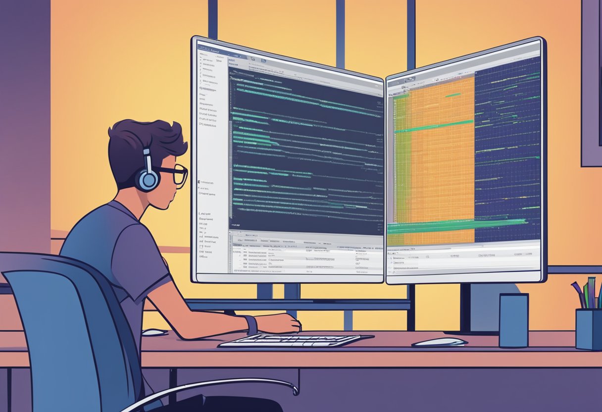 A computer screen displaying SQL code with a database schema in the background, while a user runs queries and manages data