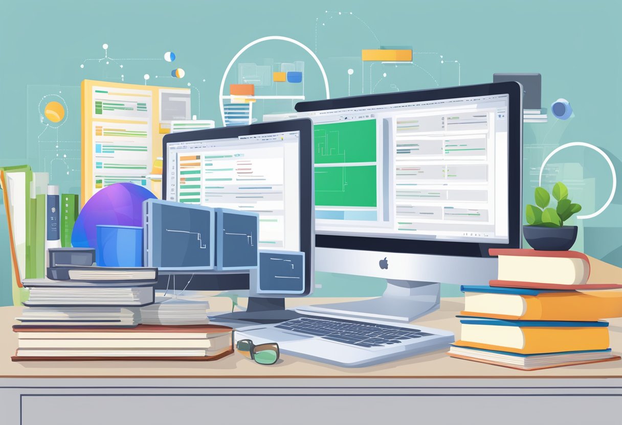 A computer screen displaying SQL queries and database management tools, surrounded by open textbooks and online resources