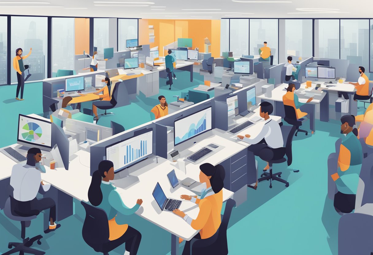 A bustling office with employees utilizing Perplexity AI software on their computers, analyzing data, generating reports, and making informed business decisions