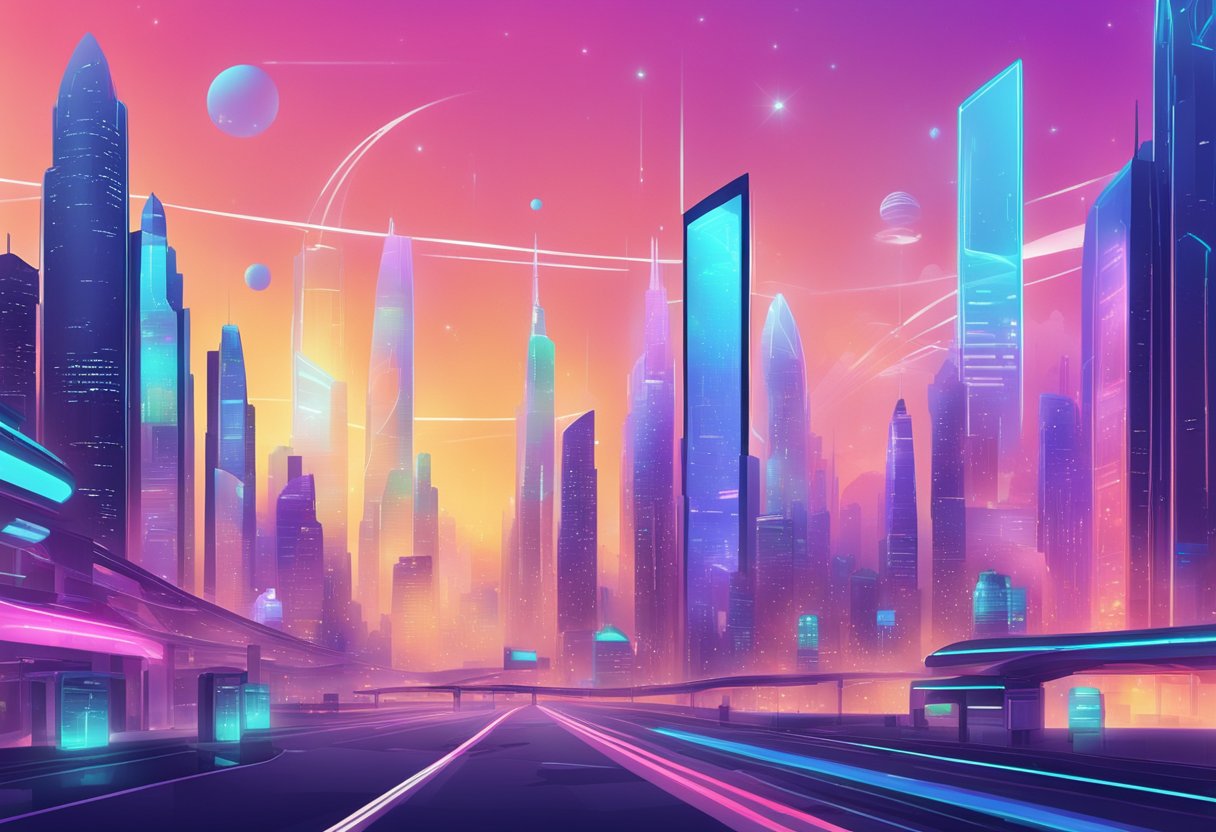 A futuristic city skyline with holographic billboards displaying "10 Benefits of Using Perplexity AI for Your Business" in vibrant colors