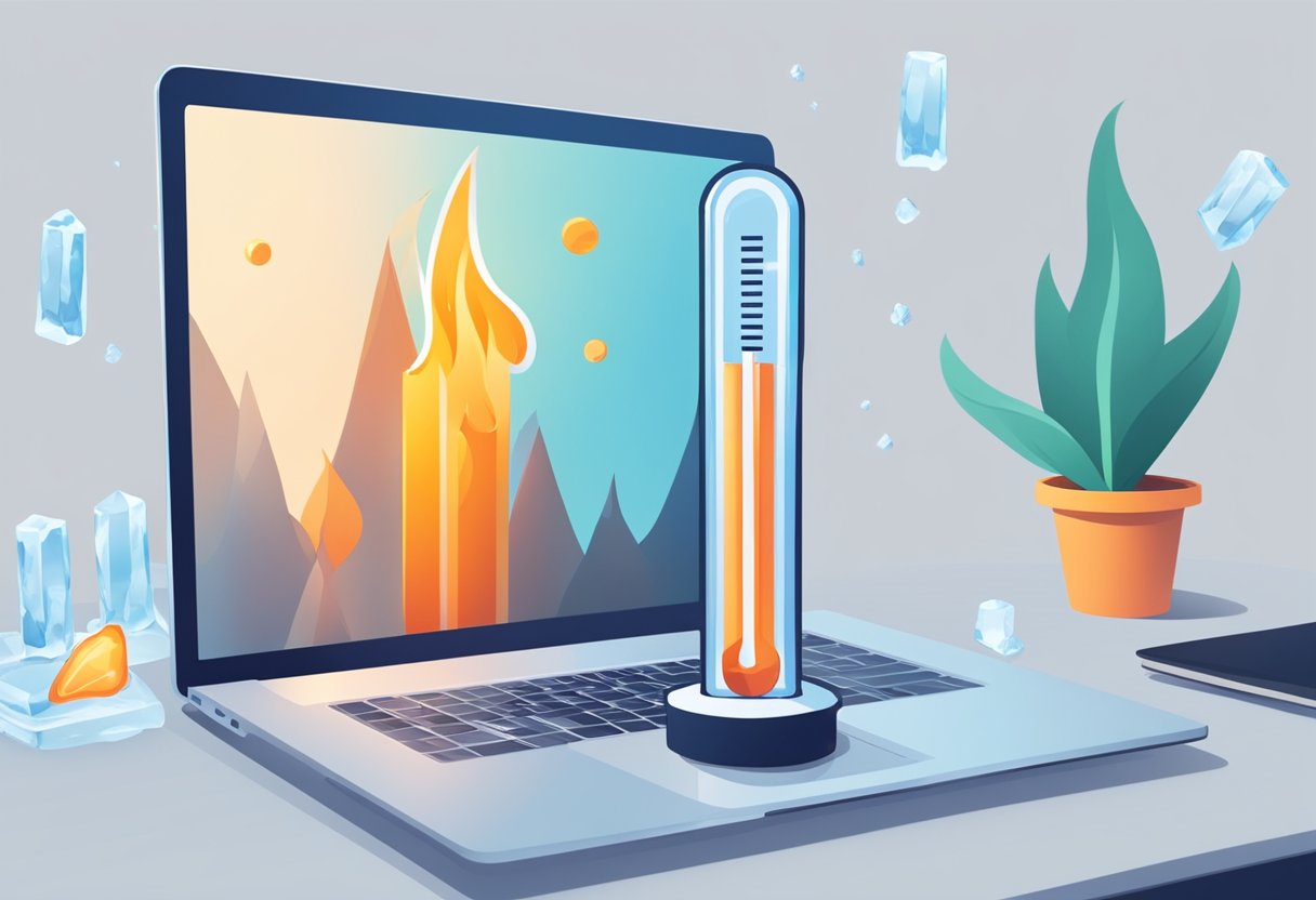 A thermometer hovering over a flame, while ice cubes sit nearby. A laptop displays "10 Tips for Using ChatGPT."