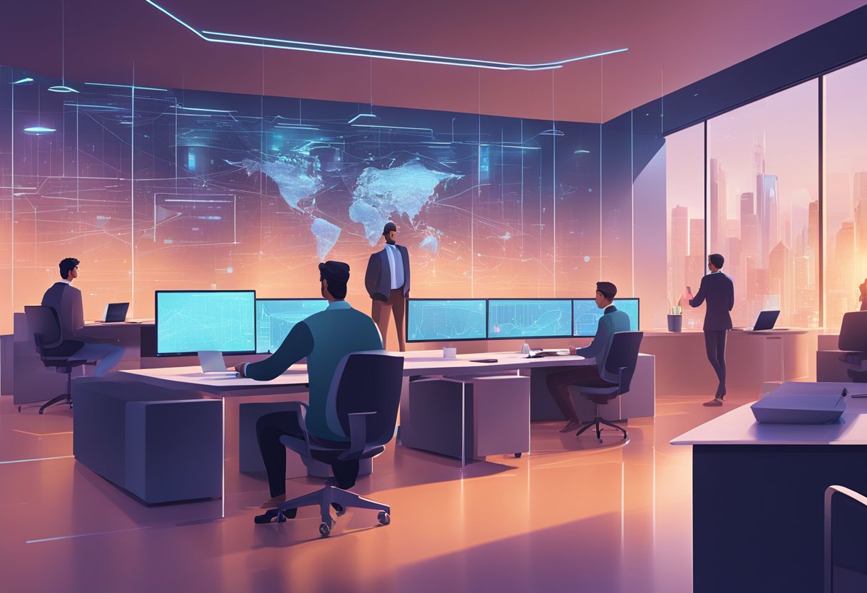 A futuristic office space with data visualizations projected on the walls, as a team of professionals collaborate using Perplexity AI for business analysis