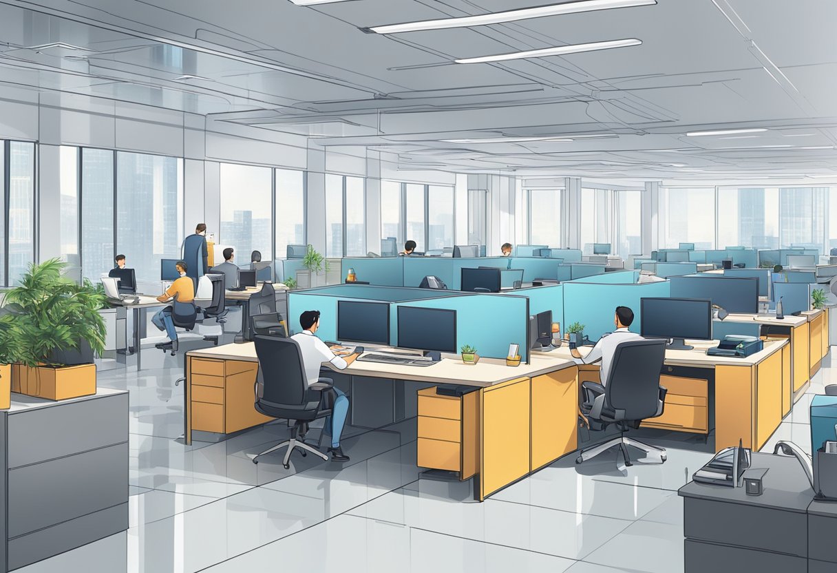 A bustling office with employees working efficiently, surrounded by advanced technology and AI systems. The atmosphere is dynamic and focused, with a clear sense of increased productivity