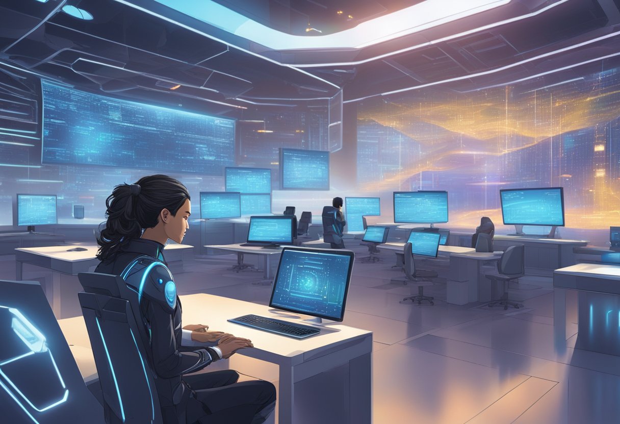 Claude AI stands confidently in a futuristic setting, surrounded by glowing screens displaying data. A sense of security and trust is conveyed through the clean and organized environment, with elements of advanced technology present