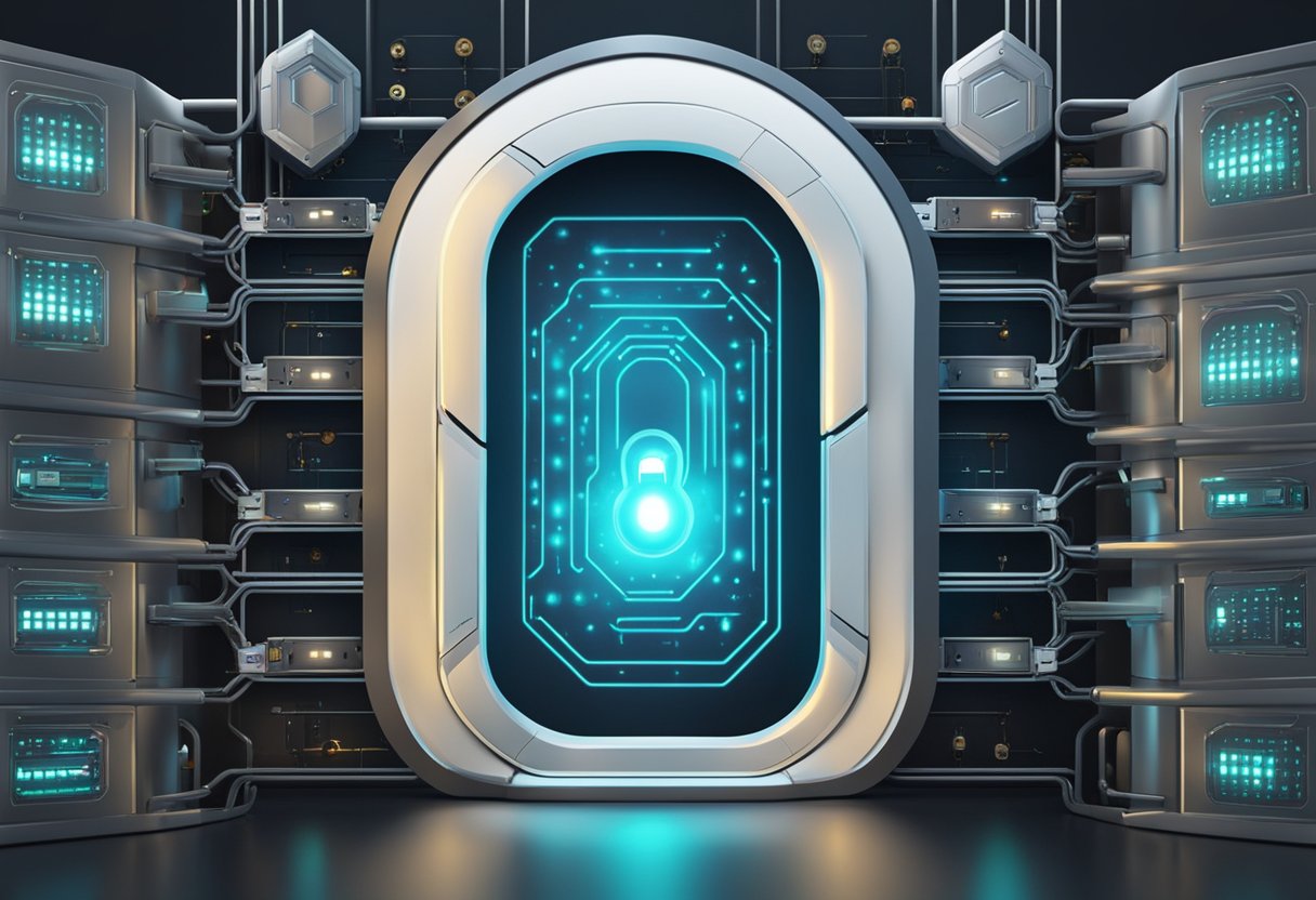 A futuristic, high-tech security system with glowing digital locks and layers of encryption, surrounded by shield-like barriers, symbolizing the impenetrable data protection offered by Claude AI